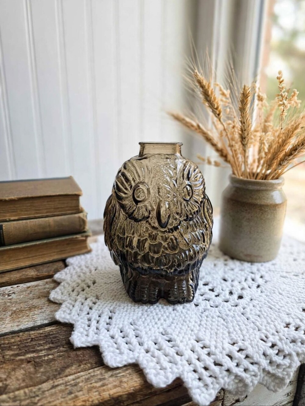 Vintage Smoke Glass Wise Old Owl Figurine Decanter 1970s Retro Home Decor